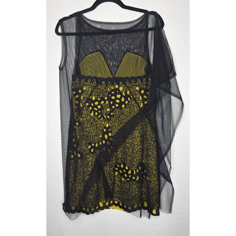 $498 Bcbgmaxazria Runway Dress XS Black‎ Yellow Sheer Mesh One Shoulder Mini NWT - Picture 4 of 9